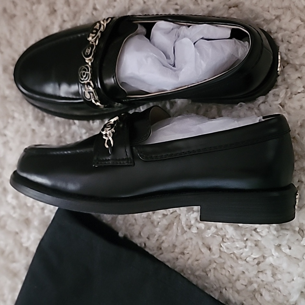 Black Leather Loafers with Silver Chain Detail